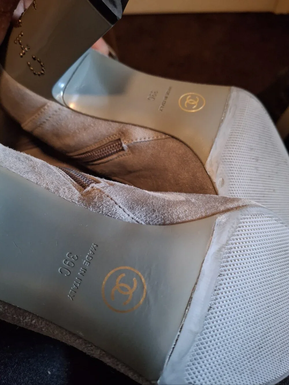 CHANEL Light Gray Suede Over-the-Knee Boots with Patent Toe Comes With Box.